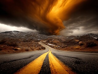 A winding asphalt road with bright yellow lines curves through a mountainous, stormy landscape