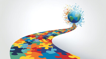 Colorful Puzzle Path Leading to Earth Globe: Global Unity, Growth, and Autism Awareness Concept Art