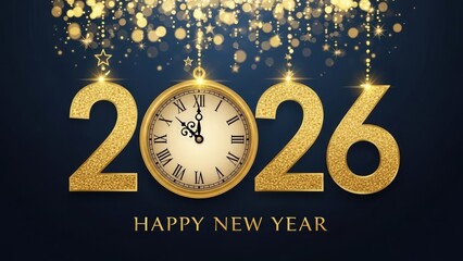Golden 2026 numbers with a clock marking the midnight moment of the new year