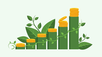 Financial growth and investment success illustrated by a rising plant-shaped bar chart adorned with coins and leaves