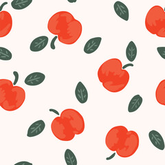 Juicy crisp hand painted apples and leaves, forming a minimalist botanical pattern in red and green on off white background. Beautiful fruit seamless vector pattern. Great for home decor, fabric, etc.