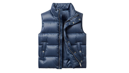 Navy blue puffer vest for men or women, quilted sleeveless jacket with zipper closure, fashion outerwear isolated on transparent background