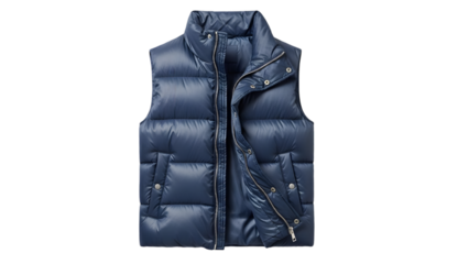 Navy blue puffer vest for men or women, quilted sleeveless jacket with zipper closure, fashion outerwear isolated on transparent background