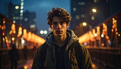 Fototapeta premium Young man on illuminated bridge in the rain at nighttime