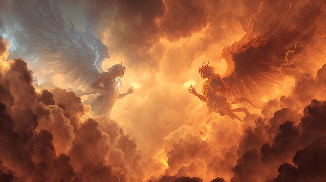 Two winged beings holding orbs of light in sky