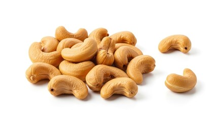A Pile of Roasted Cashew Nuts on a White Background.