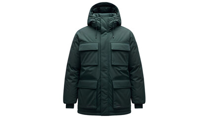 Mens dark green winter parka with hood and four front pockets, isolated on transparent background