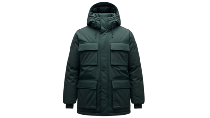 Mens dark green winter parka with hood and four front pockets, isolated on transparent background