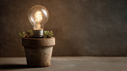 An illuminated light bulb rising from a flower pot with soil, symbolizing new ideas and innovation.