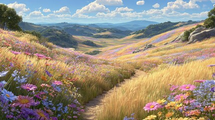 Colorful Blooming Meadow Path Through Hills