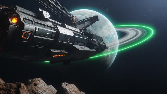 Futuristic space mining vessel hovers above an asteroid field with a ringed planet and glowing green energy ring in the background, scifi exploration