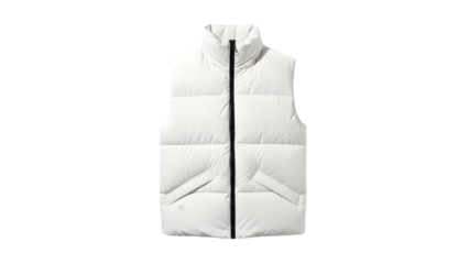 White puffer vest with black zipper isolated on transparent background