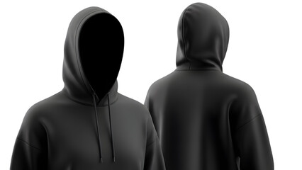 Black hoodie mockup front and back view on transparent background