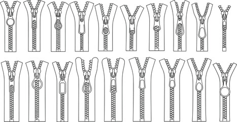 Zipper styles bundle flat sketch, various pull and teeth designs set, CAD drawing flat vector illustration template