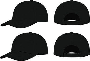 Black baseball cap multi-angle view, front and back perspective, curved brim, stitched panels, CAD drawing flat vector illustration