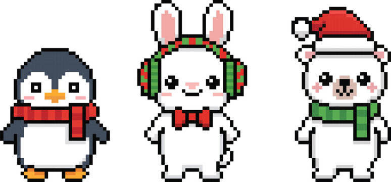 Pixel Art Winter Animals-Penguin, Bunny & Polar Bear in Festive Outfits