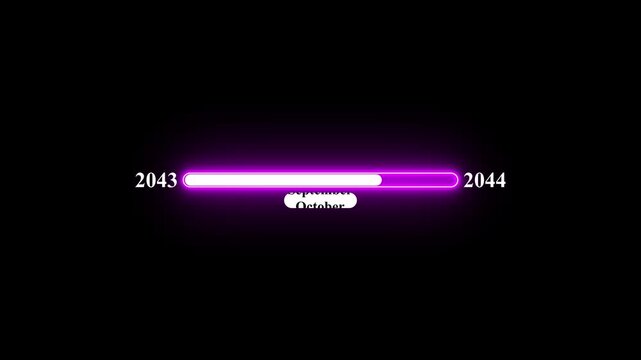 2043 to 2044 loading animation with January 2043 to January 2044 time line on black background, year progress transition, calendar time loading bar, new year change concept