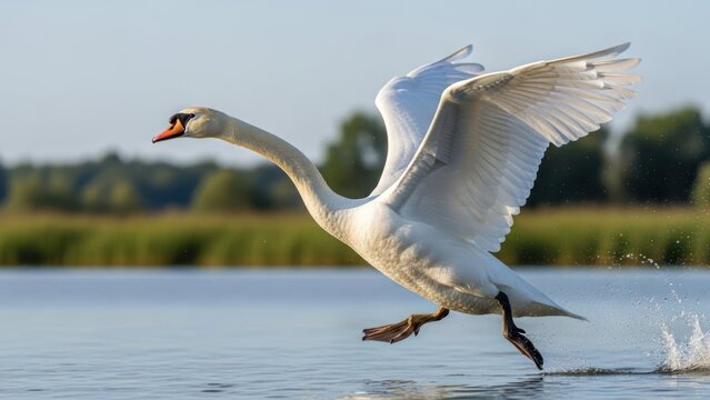 Majestic Swan Takes Flight Over Calm Water at Sunrise.