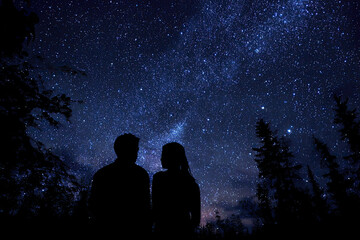 Fototapeta premium Silhouettes of a young couple under the starry sky 