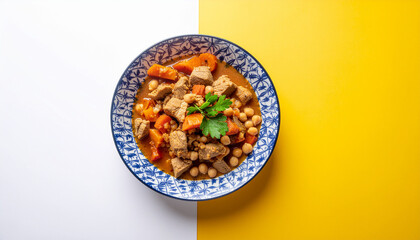 top-down photo of hearty vegetable stew with carrots,chickpeas, and tender meat