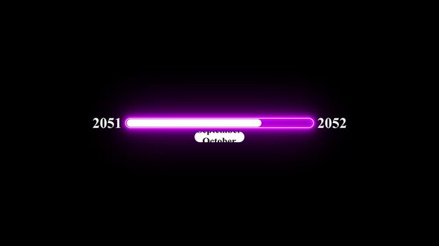 2051 to 2052 loading animation with January 2052 to January 2051 timel ine on black background, year progress transition, calendar time loading bar, new year change concept
