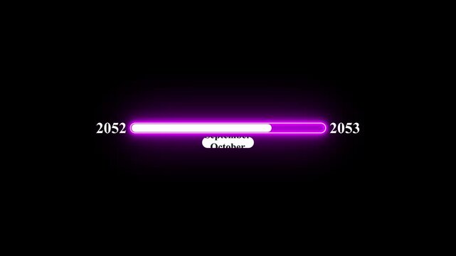 2052 to 2053 loading animation with January 2053 to January 2041 time line on black background, year progress transition, calendar time loading bar, new year change concept