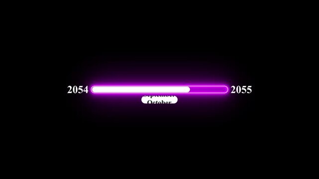 2054 to 2055 loading animation with January 2054 to January 2055 time line on black background, year progress transition, calendar time loading bar, new year change concept