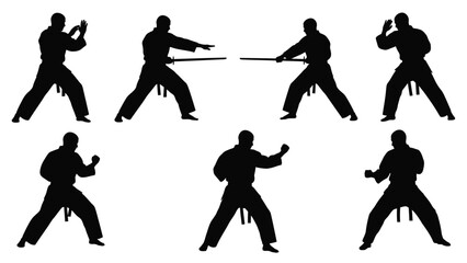 Collection of karate stances and martial arts poses silhouettes