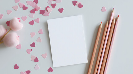 Valentine Flat Lay With Pink Pencils, Confetti Hearts, And Blank Card