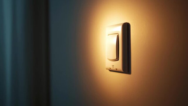 Hand flips light switch wall fingertip toggle for energy saving behavior evening indoor warm illumination showing mindful home conservation