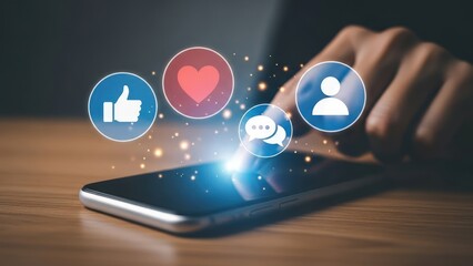 Social media engagement icons floating above a modern smartphone screen