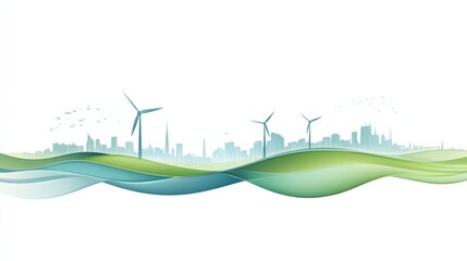 Obraz premium Vector illustration of a green energy city, on a white background with light colors. The image features green and blue color waves with wind turbines in the distance.