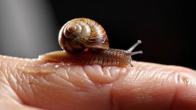 Snail Crawling on Hand - A detailed close-up shot features a snail with a brown and tan patterned shell slowly crawling across a person's hand, leaving a glistening trail.