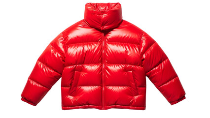 Shiny red puffer jacket for men or women, winter outerwear, puffy down coat with high collar, isolated on transparent background