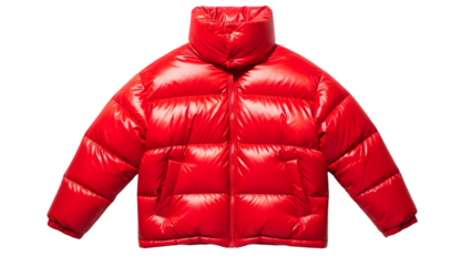 Shiny red puffer jacket for men or women, winter outerwear, puffy down coat with high collar, isolated on transparent background