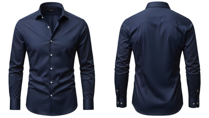Mens navy blue long sleeve dress shirt front and back view isolated on transparent background