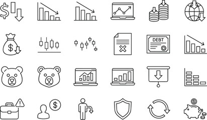 Finance icons, economic symbols, market trend graphics, bear market visuals, debt crisis, savings, investment, global economy, business analytics, money