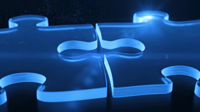 Blue Puzzle Pieces Connecting - A close-up shot shows four blue puzzle pieces connected together on a glossy surface. A bright light shines at the center where the pieces meet.