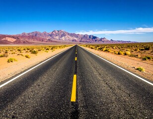 A straight road stretches toward distant mountains under a blue sky