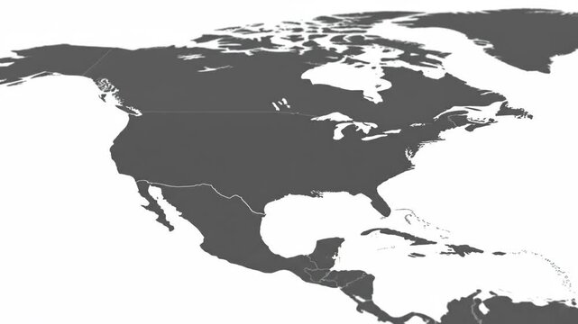 North America Gray Scale Map - This is a gray scale map of North America, showing the continent and neighboring islands. The perspective is angled to give a sense of depth.