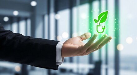 Hand holding green leaf and power plug symbol with glowing particles green energy sustainability