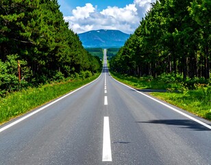 Fototapeta premium A straight road through lush trees towards a distant mountain