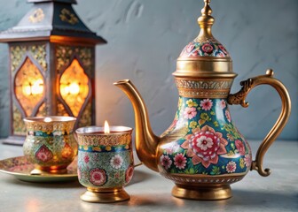 A stunning Arabicinspired teapot sculpture features a beautifully crafted old lamp with intricately decorated mugs adorned with vibrant floral patter