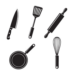 Kitchen utensils silhouette set. Cooking tools vector icons including knife, spatula, rolling pin, pan, and whisk.
