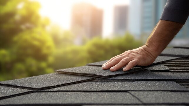 Roofing worker hand with shingles closeup - Powered by Adobe