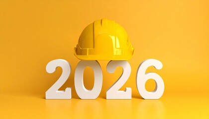 White numbers "2026" on yellow background with a yellow construction helmet placed on the zero.