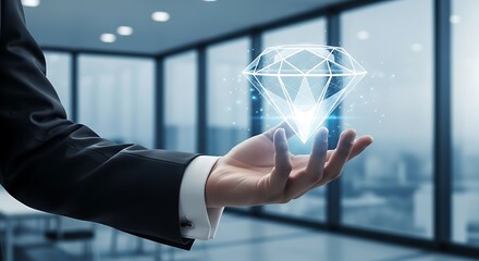 Man in suit holding glowing diamond with digital particles in office gemstone luxury