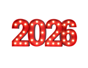 Bright red marquee numbers 2026 illuminated with warm lights