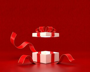 Open white gift box with red ribbon and bow on red background
