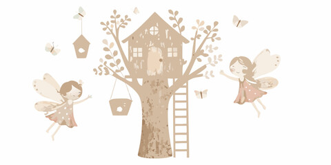 A whimsical illustration of a treehouse fairies and a birdhouse in neutral tones